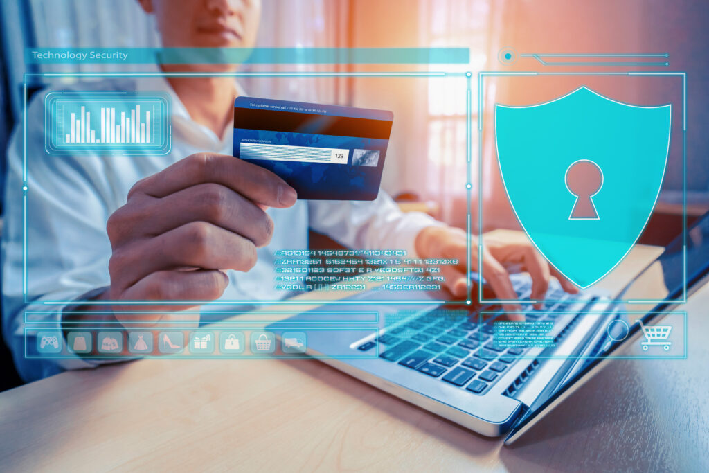 elegant customer with hologram using credit card authentication cybercash