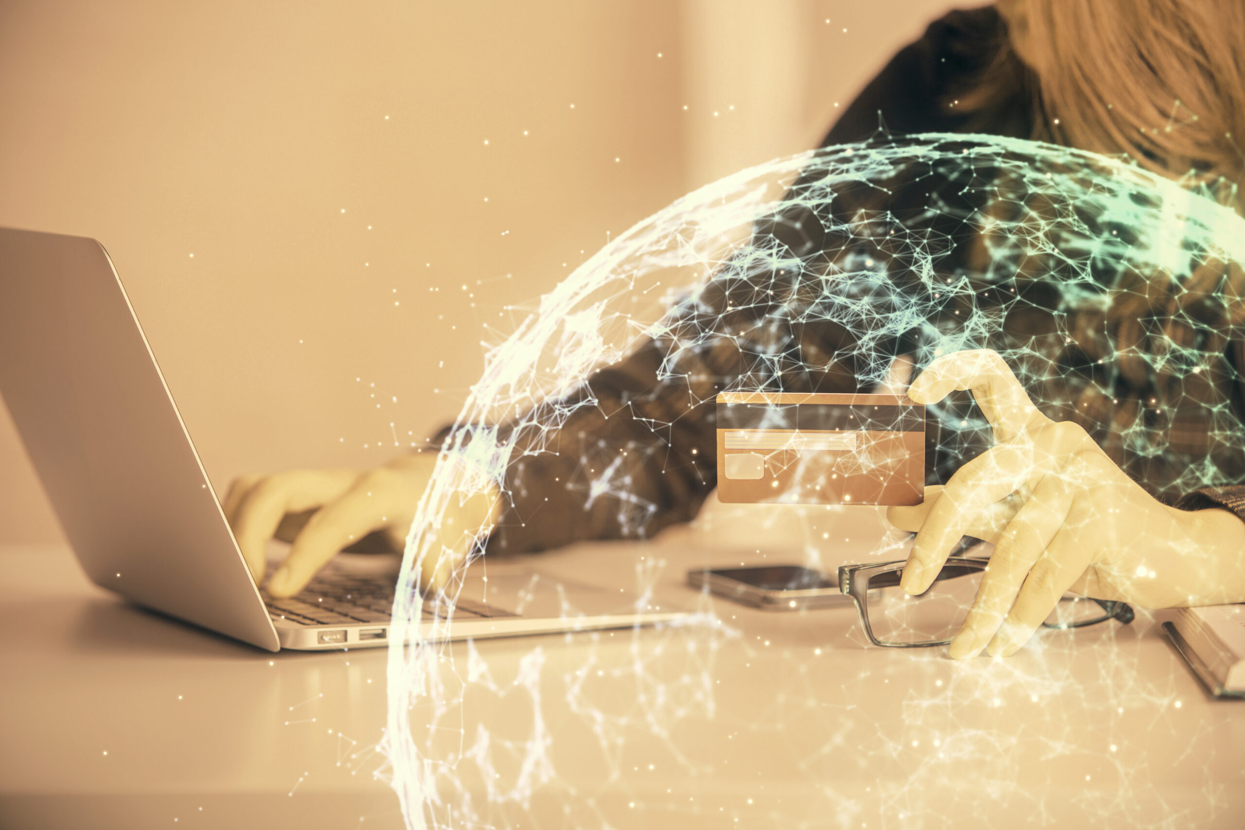 multi exposure woman online shopping holding credit card social network theme drawing relationship ecommerce concept scaled